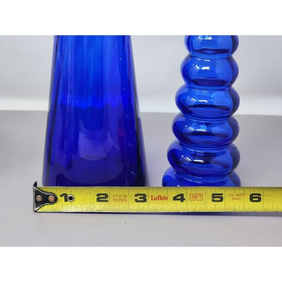 Vintage Cobalt Blue Glass Vase Set Decorative Ribbed & Cone Shapes Home‎ Décor - Picture 7 of 9
